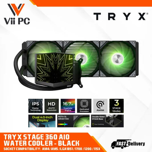 TRYX STAGE 360 AIO BLACK OW WHITE DUAL 4.0 INCH IPS DISPLAY SUPPORT INTEL AND AMD 360MM ARGB WATER LIQUID COLLER