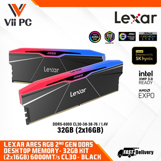 LEXAR Ares RGB 6000 CL30 1.4V 2x16GB - Black DDR5 Intel XMP 3.0 & AMD EXPO DESKTOP GAMING RAM