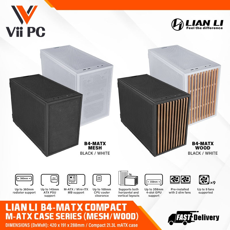 LIAN LI B4 MATX CASE MESH / WOOD / BLACK /WHITE SUPPORT UP TO 360MM AIO WITH SFX PSU 21.3L CASE