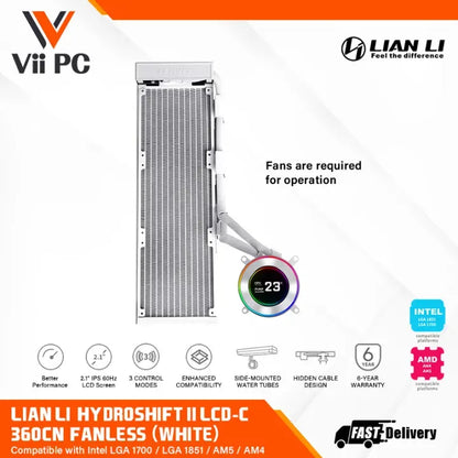 LIAN LI Hydroshift II LCD-C (FANLESS) 360 AIO BLACK OR WHITE 2.1” IPS 60Hz LCD screen 360MM AIO