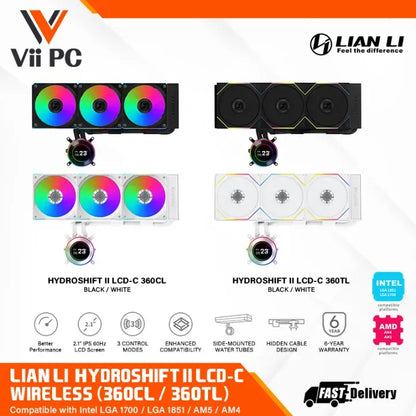 LIAN LI Hydroshift II LCD-C 360TL OR 360CL Wireless Black OR White 360mm LIQUID COOLING 2.1” IPS 60Hz LCD screen