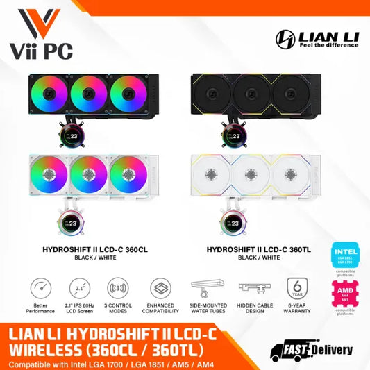 LIAN LI Hydroshift II LCD-C 360TL OR 360CL Wireless Black OR White 360mm LIQUID COOLING 2.1” IPS 60Hz LCD screen