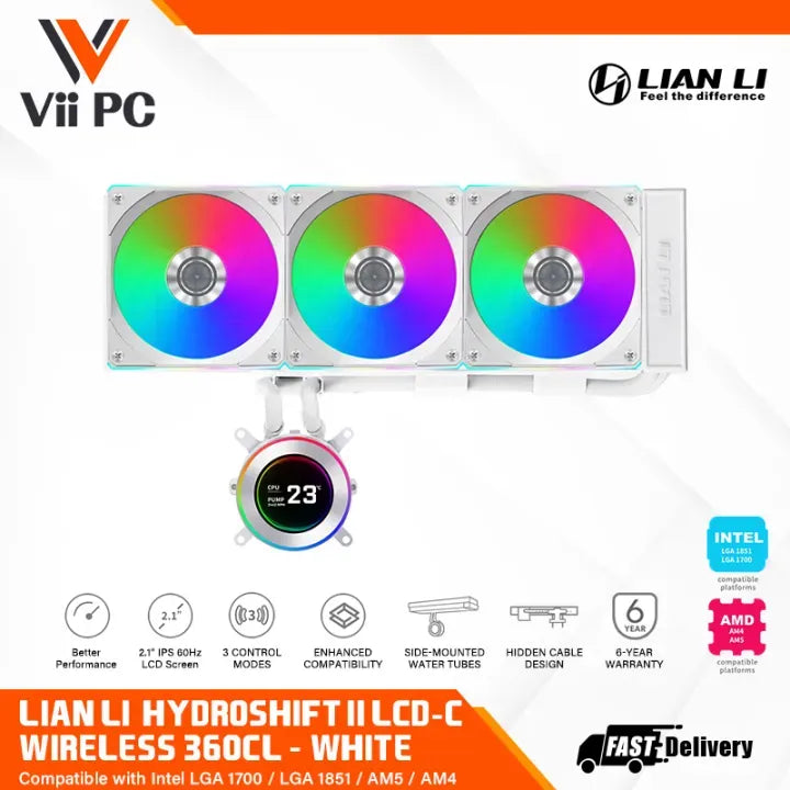 LIAN LI Hydroshift II LCD-C 360TL OR 360CL Wireless Black OR White 360mm LIQUID COOLING 2.1” IPS 60Hz LCD screen