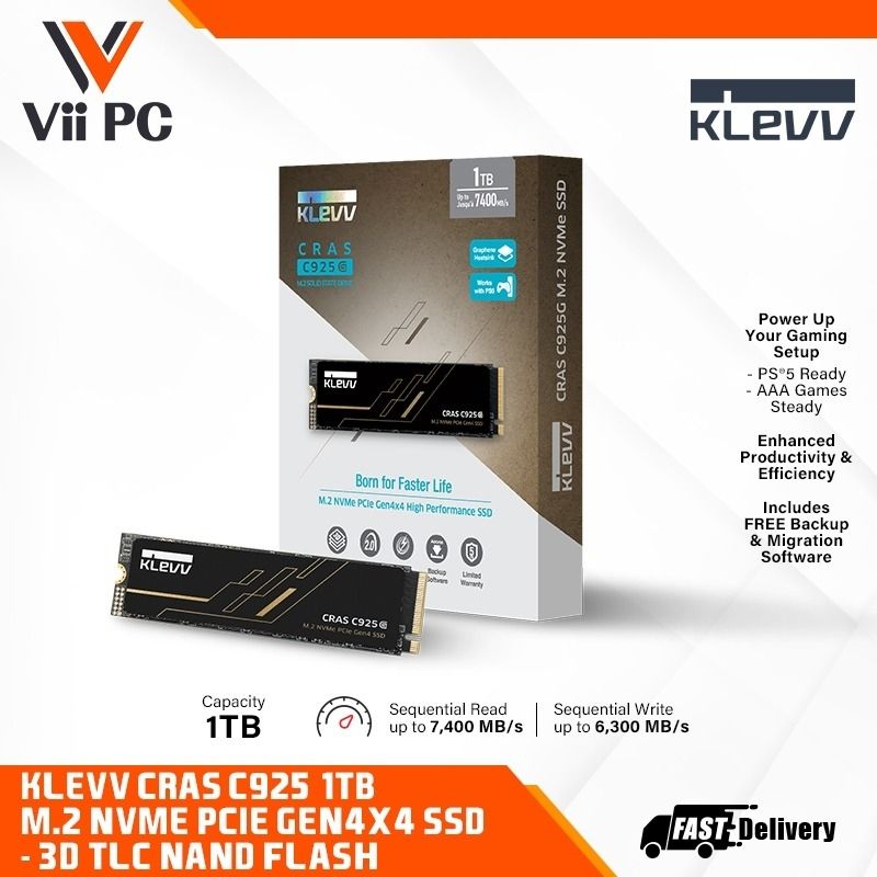 KLEVV CRAS C925 1TB M.2 NVMe PCIe Gen4x4 SSD - 3D NAND Flash - Fast Life 7400R/6300W SSD