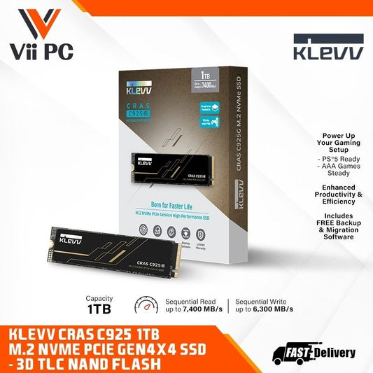 KLEVV CRAS C925 1TB M.2 NVMe PCIe Gen4x4 SSD - 3D NAND Flash - Fast Life 7400R/6300W SSD