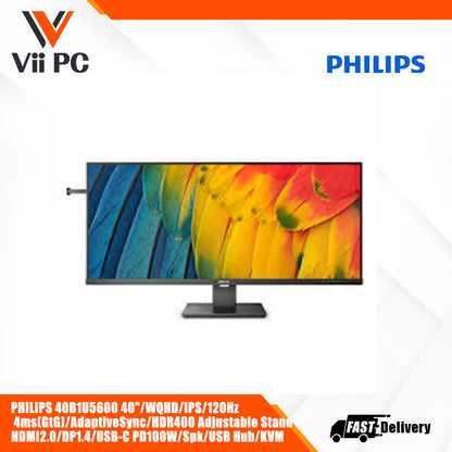 PHILIPS 40B1U5600 * 40"/WQHD/IPS/120Hz * 4ms(GtG)/AdaptiveSync/HDR400 * Adjustable Stand * HDMI2.0/DP1.4/USB-C PD100W/Spk/USB Hub/KVM Business Monitor