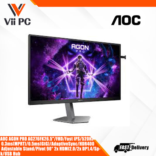 AOC AGON PRO AG276FK * 26.5"/FHD/Fast IPS/520Hz * 0.3ms(MPRT)/0.5ms(GtG)/AdaptiveSync/HDR400 * Adjustable Stand/Pivot 90° * 2x HDMI2.0/2x DP1.4/Spk/USB Hub gaming monitor