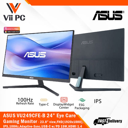 ASUS VU249CFE-B(Quiet Blue) Eye Care 24" (23.8" viewable)/FHD(1920x1080)/IPS/100Hz/Adaptive-Sync/USB-C w/15W PD/EyeCare+/Green Sustainability/VU Series Gaming Monitor