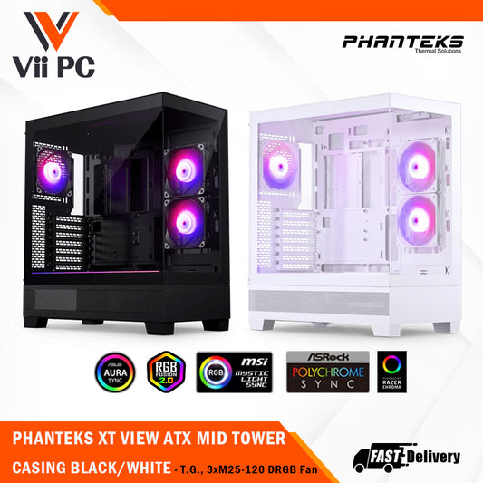 PHANTEKS XT SERIES XT VIEW ATX MID TOWER CASING - Tempered Glass, 3xM25-120 DRGB Fan, BLACK/WHITE