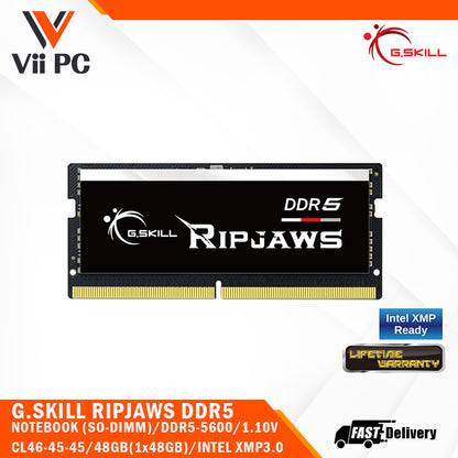 G.SKILL RIPJAWS DDR5 NOTEBOOK (SO-DIMM) / DDR5-5600 / CL46-45-45 / 1.10V / 48GB(1x48GB) / INTEL XMP3.0 Support / Limited Lifetime Wty PC RAM