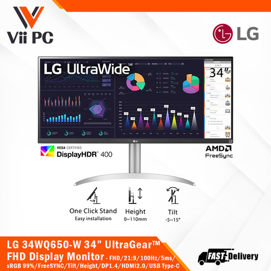 LG 34WQ650-W 34" UltraWide™ FHD(2560x1080)/IPS/21:9/100Hz/sRGB99%/HDR400/FreeSync/Adjustable Stand/HDMI2.0/DP1.4/USB Type-C Black Display Monitor