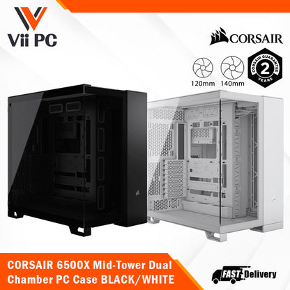 CORSAIR 6500X Mid-Tower Dual Chamber ATX PC Case - BLACK/WHITE, Tempered Glass, 8 horizontal + 3 vertical slots, Compatible with reverse connector motherboards, 2Yrs Wty