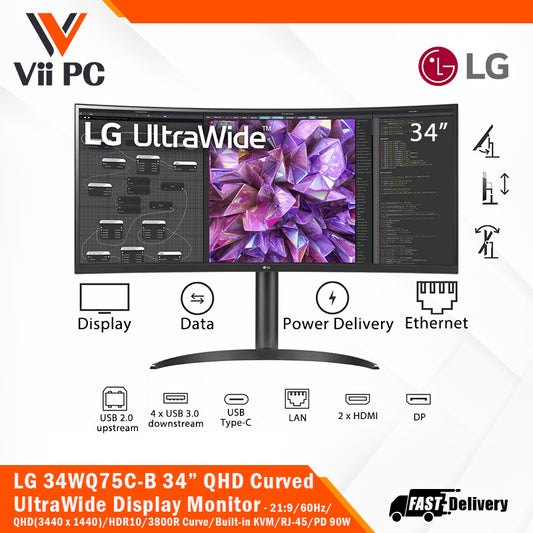LG 34WQ75C-B Curved UltraWide™ 34" QHD(3440 x 1440)/IPS/21:9/60Hz/3800R Curve/HDR10/Built-in KVM/HDMI/DP1.4/RJ-45/PD 90W Black Display Monitor
