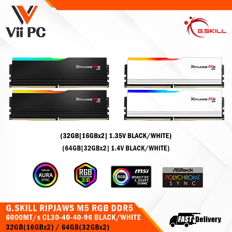 G.SKILL RIPJAWS M5 RGB: 32GB/64GB DDR5-6000/6400/6800 MT/s - Intel XMP 3.0 Ready, Dual Channel Kit (BLACK/WHITE)