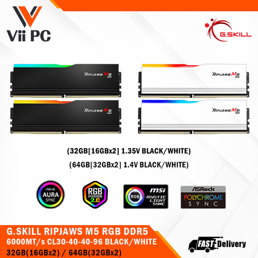 G.SKILL RIPJAWS M5 RGB: 32GB/64GB DDR5-6000/6400/6800 MT/s - Intel XMP 3.0 Ready, Dual Channel Kit (BLACK/WHITE)