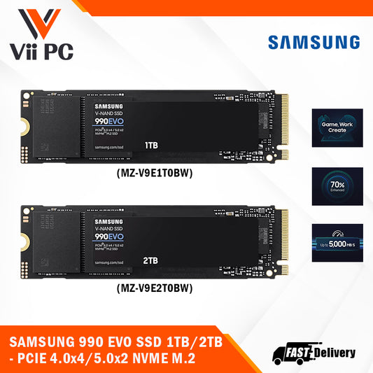 SAMSUNG 990 EVO NVMe 2.0 M.2 2280 SSD (1TB / 2TB) - PCIe 4.0x4/PCIe 5.0x2/Up to 5,000 MB/s Read/Up to 4,200 MB/s Write/5 Yrs Wty