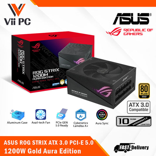 ASUS ROG Strix 1200W Gold Aura Edition Fully Modular Power Supply 80 Plus® Gold Certified - ATX 3.0, Cybenetics Lambda A+ Certification ,PCIe Gen 5.0 Ready, Axial-tech Fan, Aura Sync (10 Year Warranty)