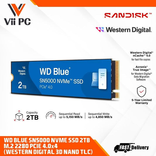 Western Digital 2TB WD Blue SN5000 NVMe Internal Solid State Drive SSD - PCIe Gen 4.0, M.2 2280, Up to 5,150 MB/s - WDS200T4B0E