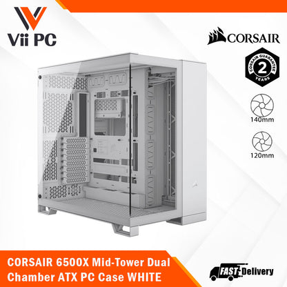 CORSAIR 6500X Mid-Tower Dual Chamber ATX PC Case - BLACK/WHITE, Tempered Glass, 8 horizontal + 3 vertical slots, Compatible with reverse connector motherboards, 2Yrs Wty