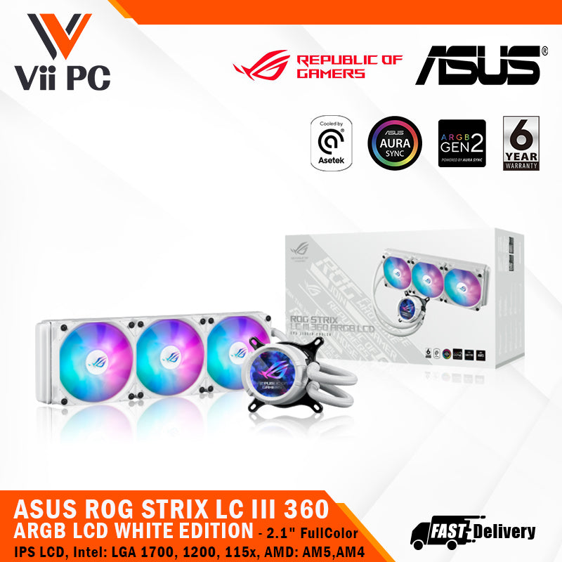 ASUS ROG STRIX LC III 360 ARGB LCD BLACK/WHITE EDITION CPU Liquid Cooler, 2.1" Full Color IPS LCD, Intel: LGA1700,1200,115x, AMD: AM5,AM4, 6 Yrs Wty